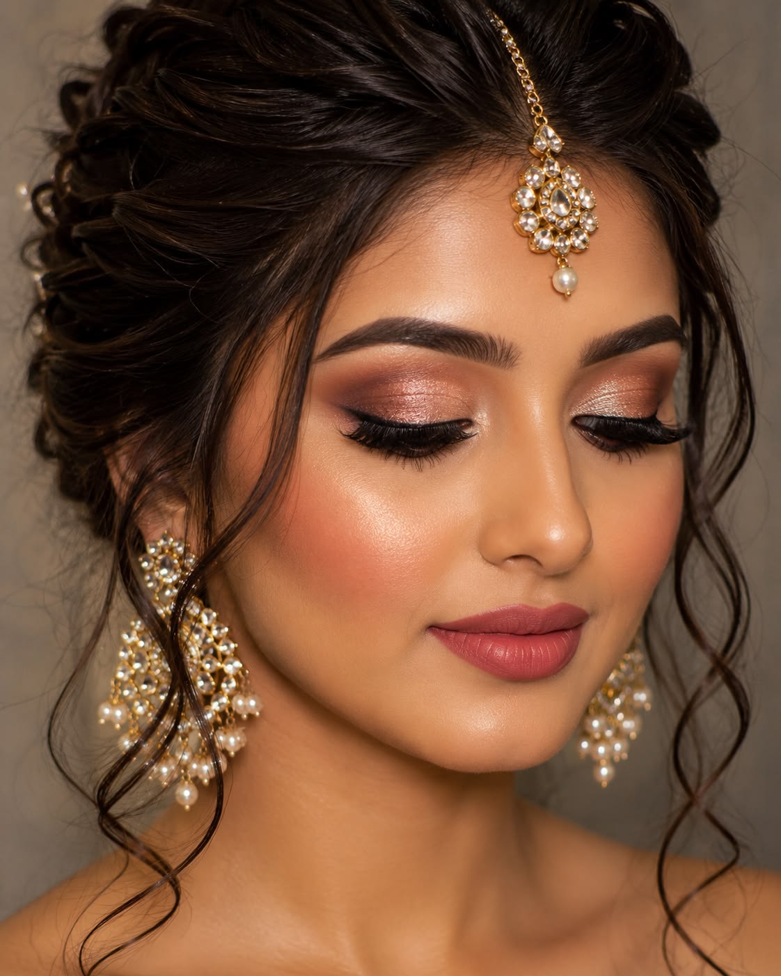 Detailed view of bridal makeup and jewellery